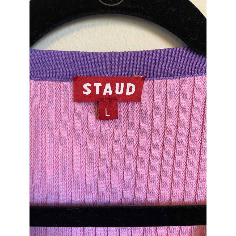 Staud Womens Cargo Ribbed Colorblocked Cardigan Multi Pink Blue Striped Large - Picture 3 of 7